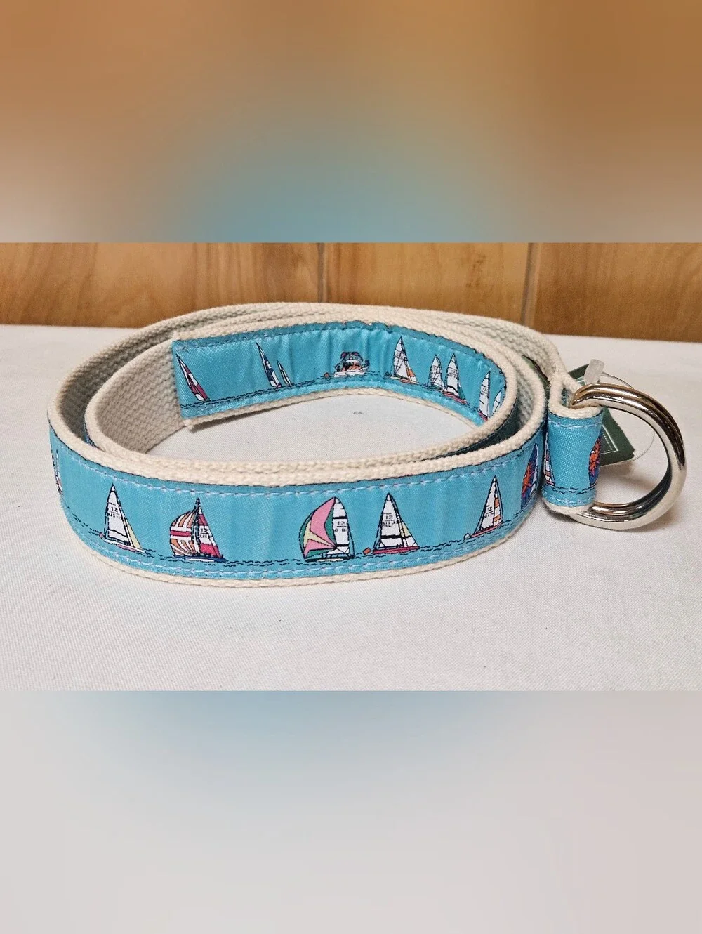 The Belted Cow Sail Boat Ship Blue Canvas Belt Men Size L Nautical L.L. BEAN